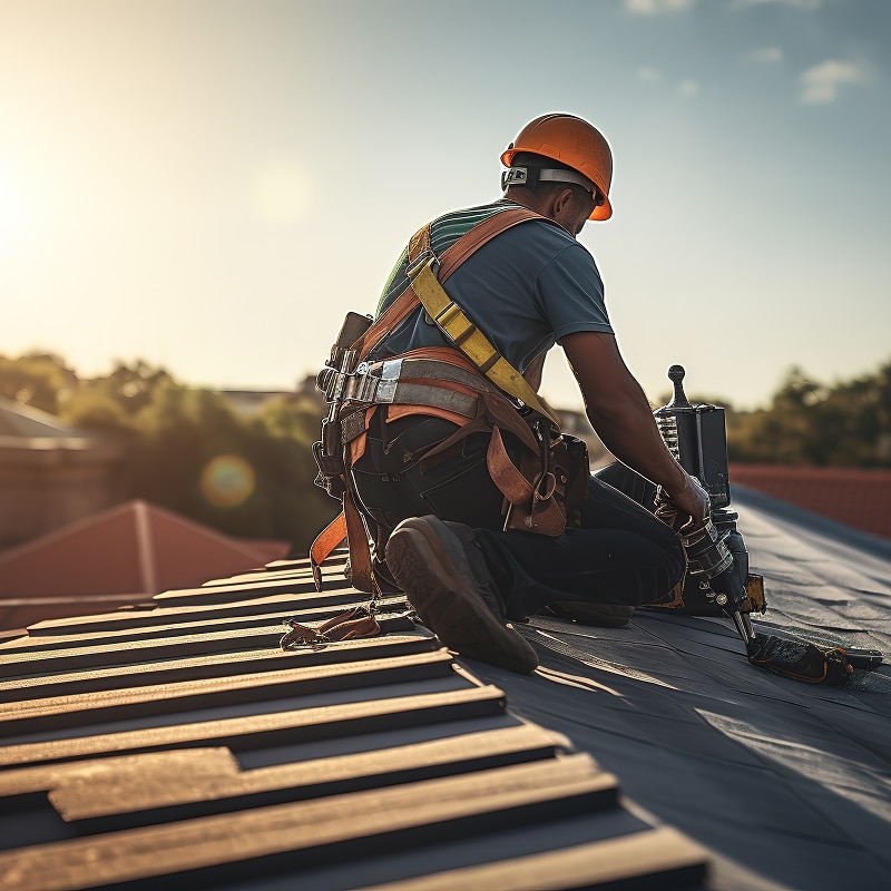 Couvreur avec harnais de sécurité utilisant une cloueuse sur un toit en métal sous un soleil éclatant, travaillant en hauteur.