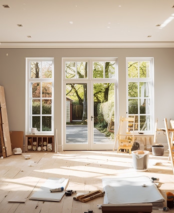 Maison Moderne : Plans, Construction, Architecture Maison moderne en construction (brique et béton brut) superposée à un plan d'architecture technique coté.